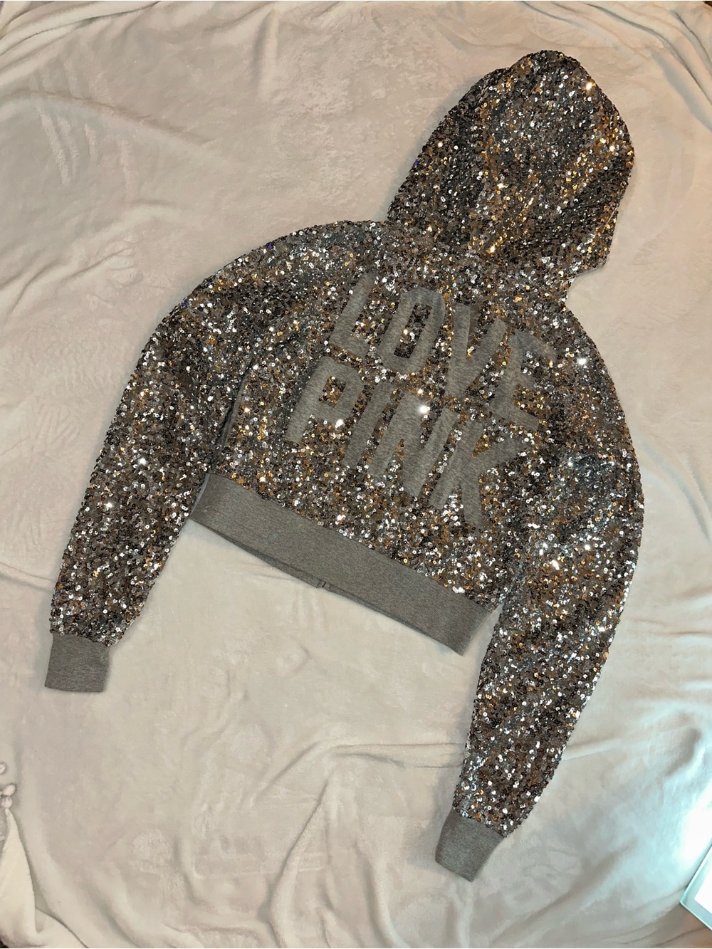 PINK Victoria's Secret Silver Sequin 'LOVE PINK' Hoodie - Picture 8 of 10
